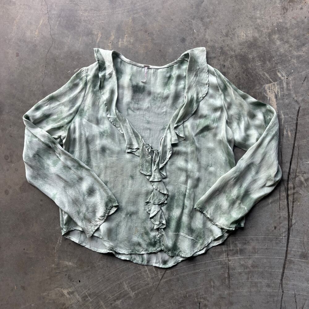 Free People Sascha Ruffle Top Women's Medium Sage Green Tie Front Blouse